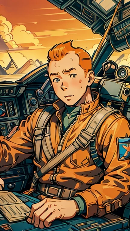 (Teens:1man: Tintin), (extremely detailed CG unit 8k wallpaper),(master part), (best quality), (ultra detali), (best illustration),(photo of pilot), cowboy shot, (Sharp eyeliner, ombre, detailed eyes:1), cockpit view,sitting in cockpit, break , upper body, short hair, orange hair, 