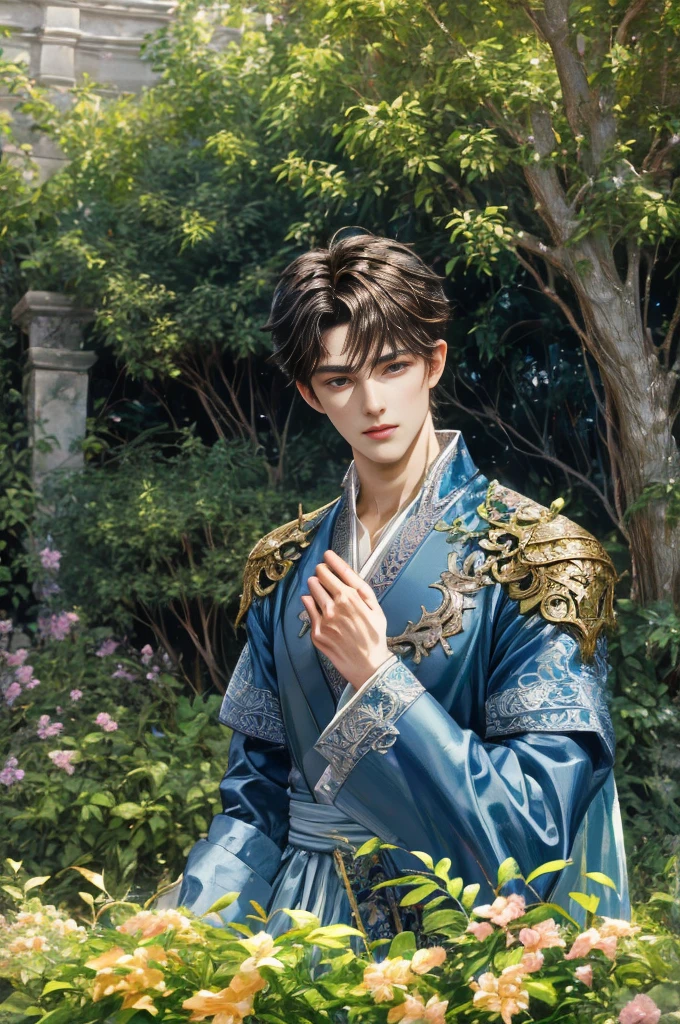 (absurdres, highres, ultra detailed, HDR), masterpiece, Intricate details,best quality picture of a character from Tales of the rays, handsome teen boy with short Hair anime eyes, intricate details on face, in a detailed outside garden sanctuary scenery, detailed character, art kenouji
