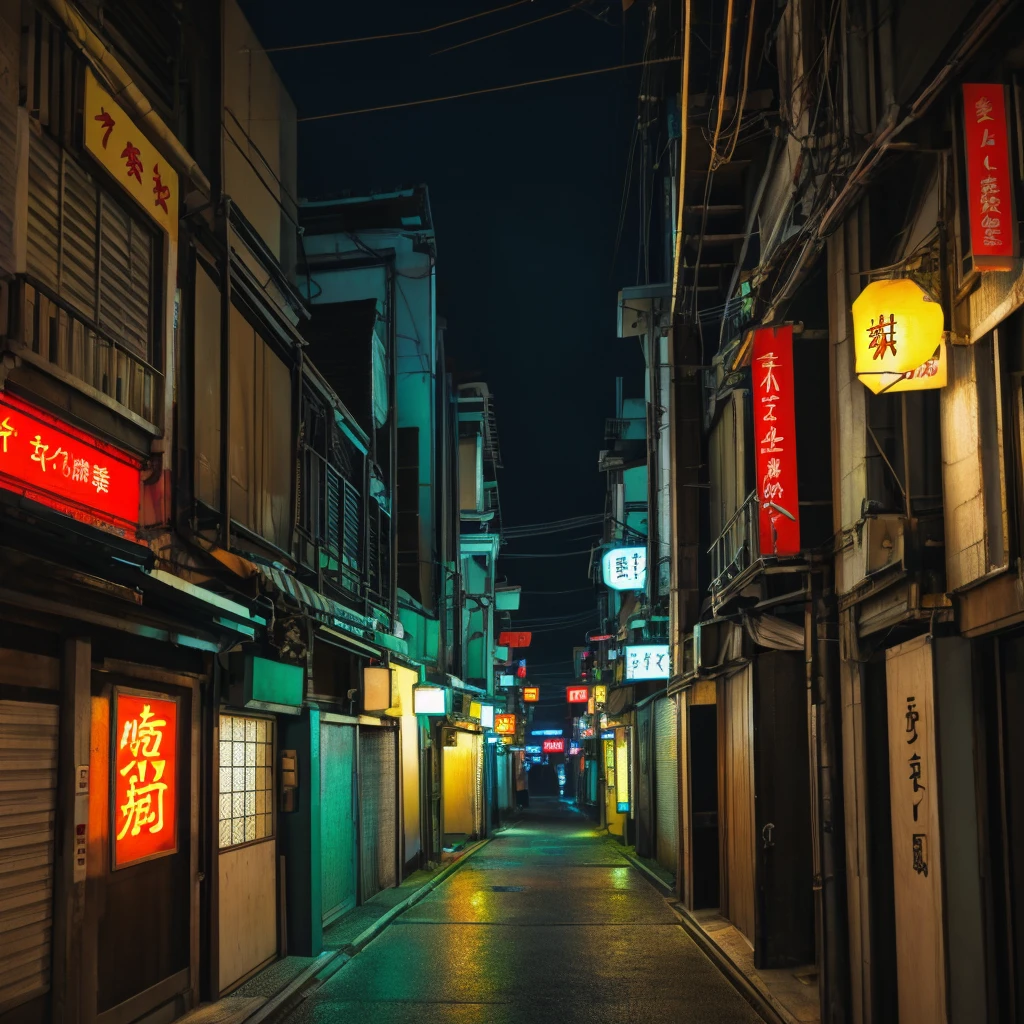 realistic oil painting of a japanese alley, cyberpunk style, at night, Neon colors 