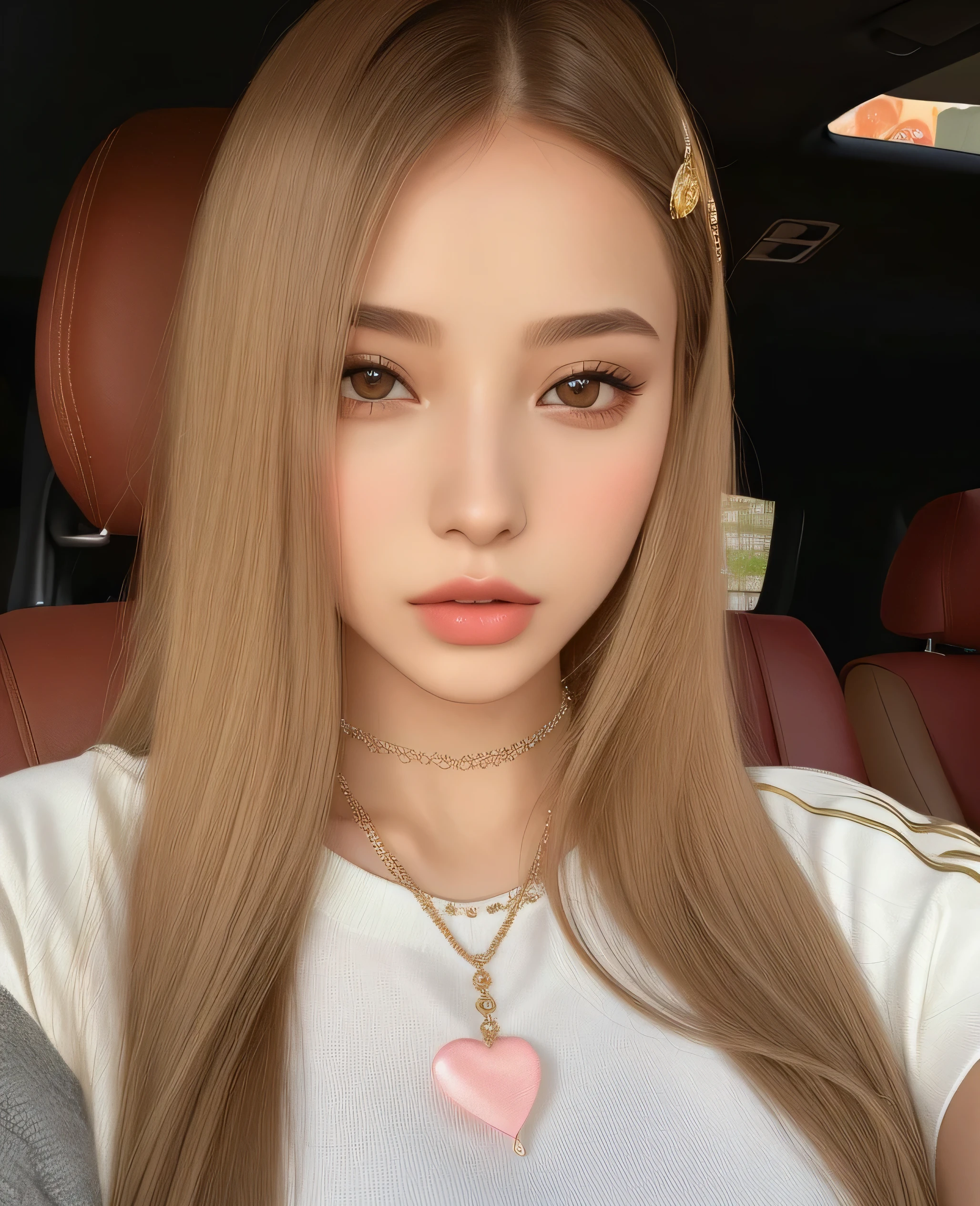 Arafed girl with long hair and a necklace in a car., Portrait Sophie Mudd, hermosa poarch, Dasha Taran, Angelina Stroganova, Style of Julia Razumova, Anastasia Ovchinnikova, 18 years old, Yelena Belova, perfect face ), julia gorokhova, Anna Nikolanova aka Newmilky, straight hairstyle, very realistic photo, shiny hair, wheat skin, sexy woman, wearing tight short top, wearing red, prominent nipples visible, surprised, wearing panties, prominent hip, extremely attractive female body, lovely delicate face, gorgeous attractive face, very beautiful round face, sexy lips, beautiful face and body shape, sexy whole body, attractive body, perfect body, sexy legs, slim waist, sensual, full length photo, alone, high quality details, HD, realistic high resolution, looking at the viewer.