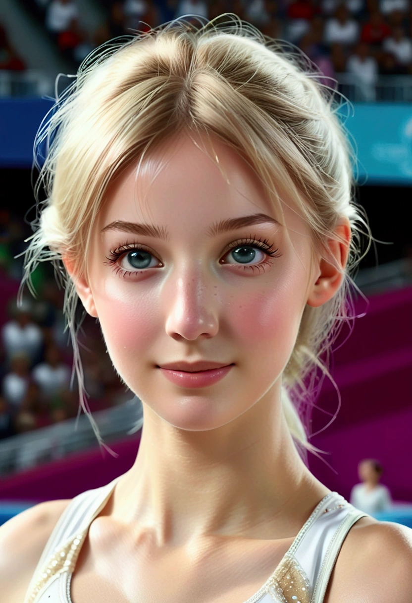 Rhythmic gymnast_upper body angle, (White female athlete in the Paris Olympic gymnastics stadium), (Pretty face with delicate eyes, nose, mouth, faint smile, neatly tied hair_pale skin), (Best quality, 4k, 8k, high resolution, masterpiece: 1.2), Highly detailed, (Realistic: 1.37), Rhythmic gymnastics costume_Detailed and detailed, Sports, Rhythmic gymnastics, Dynamic poses: 1.3, Indoor scene_Detailed and detailed, Vivid colors,