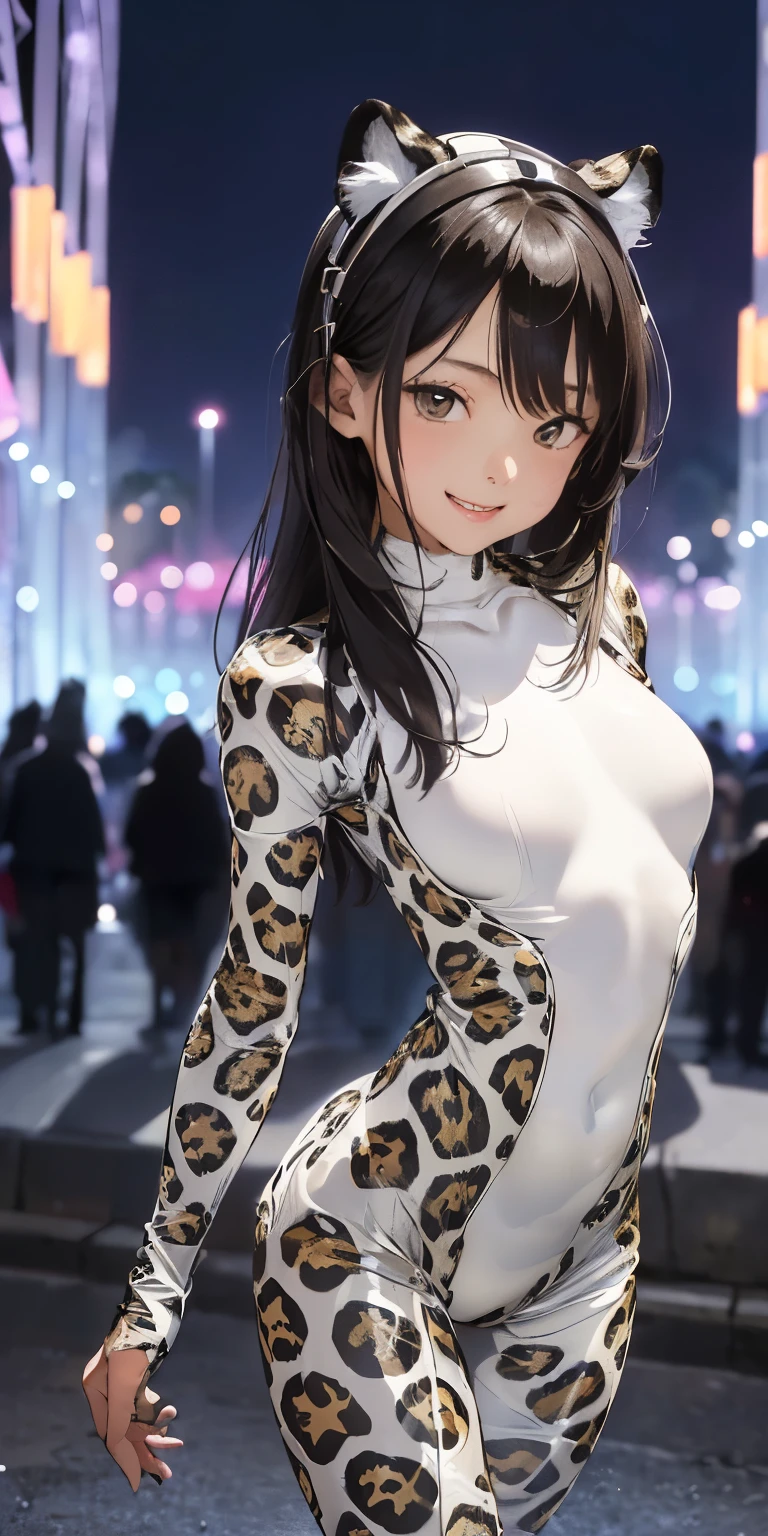 10 year old girl、Your breasts will get bigger、Close-up view from the ground、wearing the garterbelt、Realistically、Black Hair、Butt Emphasis、(An open and sexy smile in every direction、、((10 year old girl))、、((Wearing a shiny white leopard print bodysuit))、Various sexy poses、background (Arc de Triomphe at night)