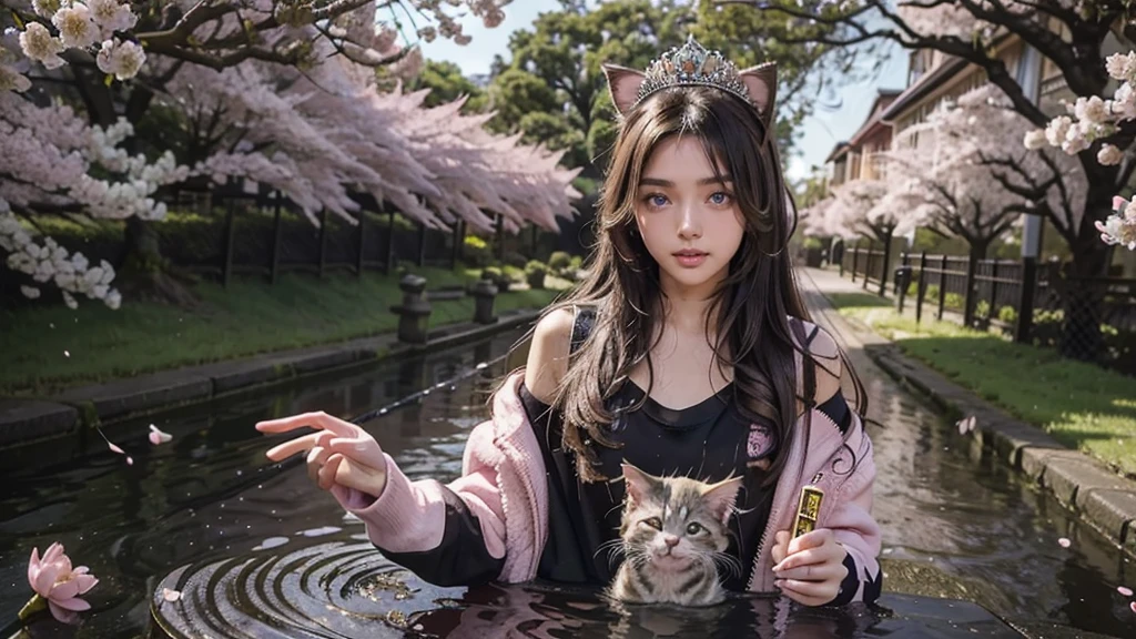 a small kitten with light pink fur and a furry tail wearing a tiara of golden flowers amidst cherry blossoms, lookig at camera, with a sexy look, wet lips
