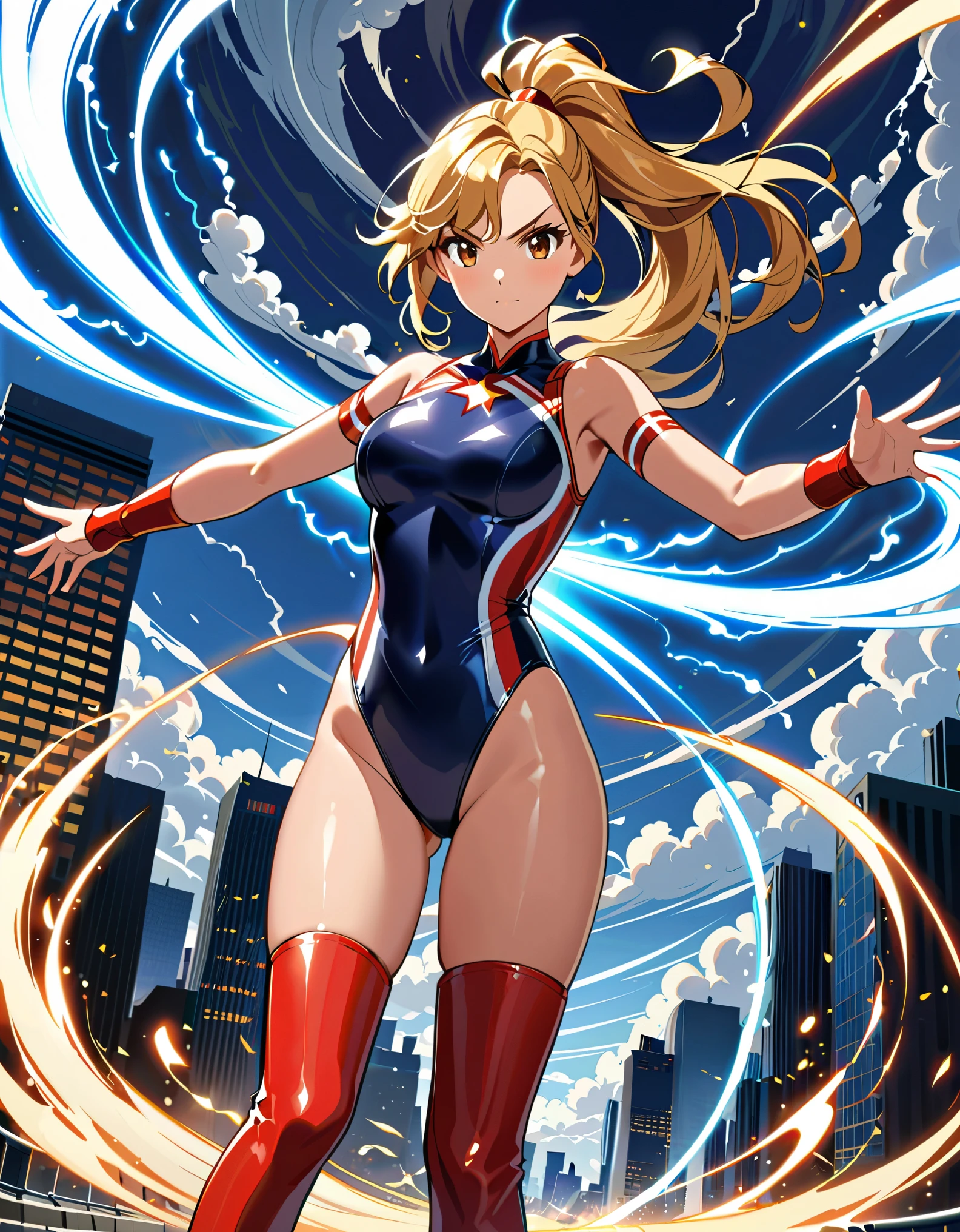 (masterpiece), (best quality), (high res), highly detailed, professional, 1girl, solo, solo focus, wonder, superhero, anime style, serious, v-shaped eyebrows, perfect hands, complete fingers, (white elastic sleeves, leotard, navy leotard, competition swimsuit), blonde hair, ahoge, medium breasts, brown eyes, beautiful detailed eyes, cute eyes, cute face, light particles, long hair, looking at viewer, medium breasts, outdoors, (ponytail), (red boots, thighhighs), hand on hip, cowboy shot, city backdrop. (T-pose, legs together). (spins fast in place like a tornado, whirls fast in place like a tornado, tornado whirling, spiral lines around her, spinning energy pulse around her, storm winds around her, whirls into a tornado, (she whirls) in (super speeds)). full body costume design. she super-spins.