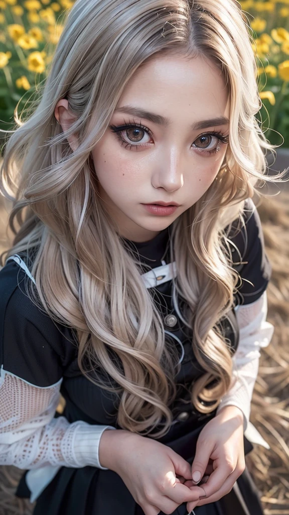 Realistic, masterpiece, Highest quality, Highest Resolution, Japanese , , Upper body photo, Looks sleepy, Spaced out, Open your mouth, Beautiful and detailed eye drawing, (Droopy eyes:1.3), Dark Eyes, Thin eyebrows, Draw eyelashes carefully, Eyelash extensions, Gal Makeup, Orange Cheek, (Brown and white wavy hair with white mesh, Long Hair, middle part:1.3), (Hidden eyelid wrinkles:1.3), (Gothic uniform:1.2), (The subject was photographed from above at an angle:1.3), (Flower Field:1.3), (Face close-up, Stand up and try to impress the audience:1.5)Beautiful feet、