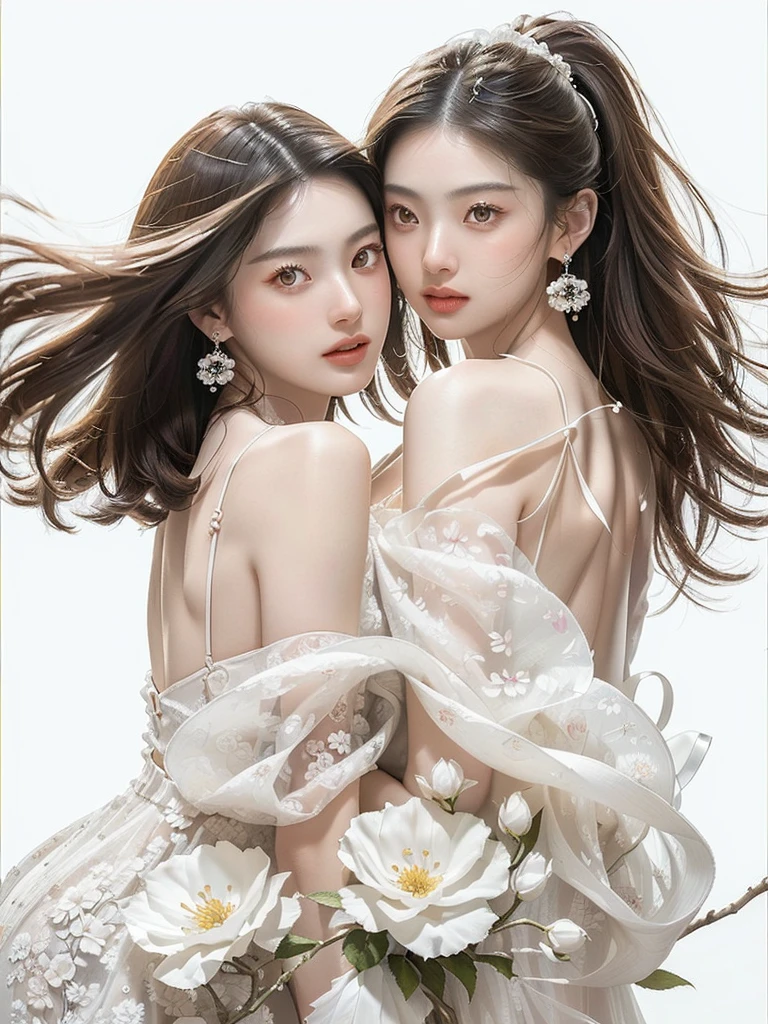 (((Very bright white background 1.5)))、(((High Key Portrait 2.0)))Professional Lighting、(((Professional Lighting 1.5)))、Translucent skin texture、Beautiful Skin、Beautiful Skin、、(((Whitening 1.5)))、、、音符のEcstasy、(((Pure white floral dress 1.5)))、Profile 1.4、See-through。No bra、Mid-shot photo、Simple Earrings、((tea hair))、((Mid-length hair))、Loose wavy hair、sex appeal、Sex Appeal、Ecstasy、(((Mid-shot photo1.5))、(((Dynamic pose 1.85)))、(((sexy pose 1.85)))、One woman、