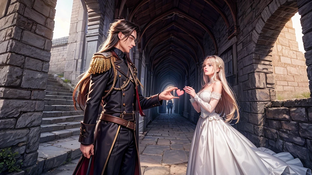 A Man and a Woman,Walls of an old fortress or castle with hearts engraved on them, symbolizing the love that has withstood the passage of time and hardships. Environment: Nostalgic and epic, evoking the resistance and strength of love in the face of challenges and