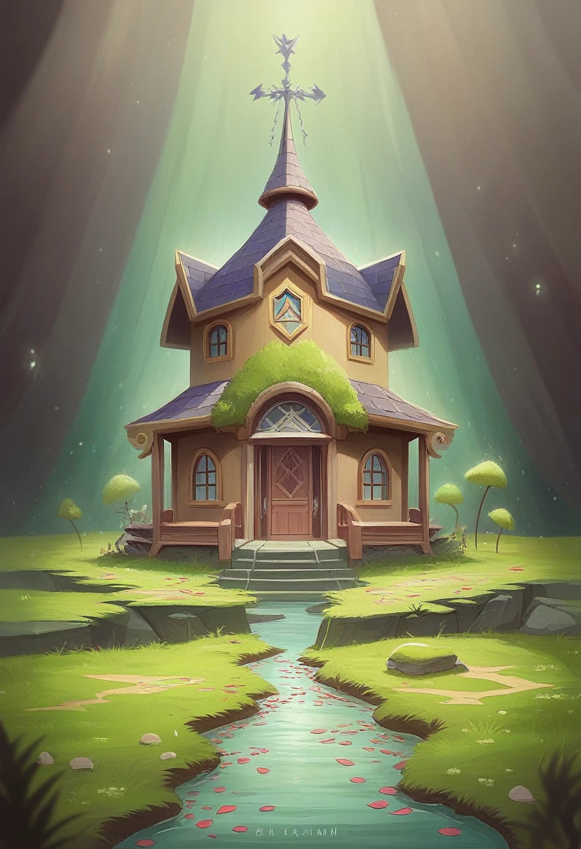 work of art, best qualityer, (Extremely detailed CG 8k unity wallpaper), (best qualityer), (best illustration), (best shade), A moss-covered mushroom house,firefly,the light of the water envelops the room,petal, 3D Isometric, octane rendering,ray tracing,ultra detaild, Roxas de kingdom hearts