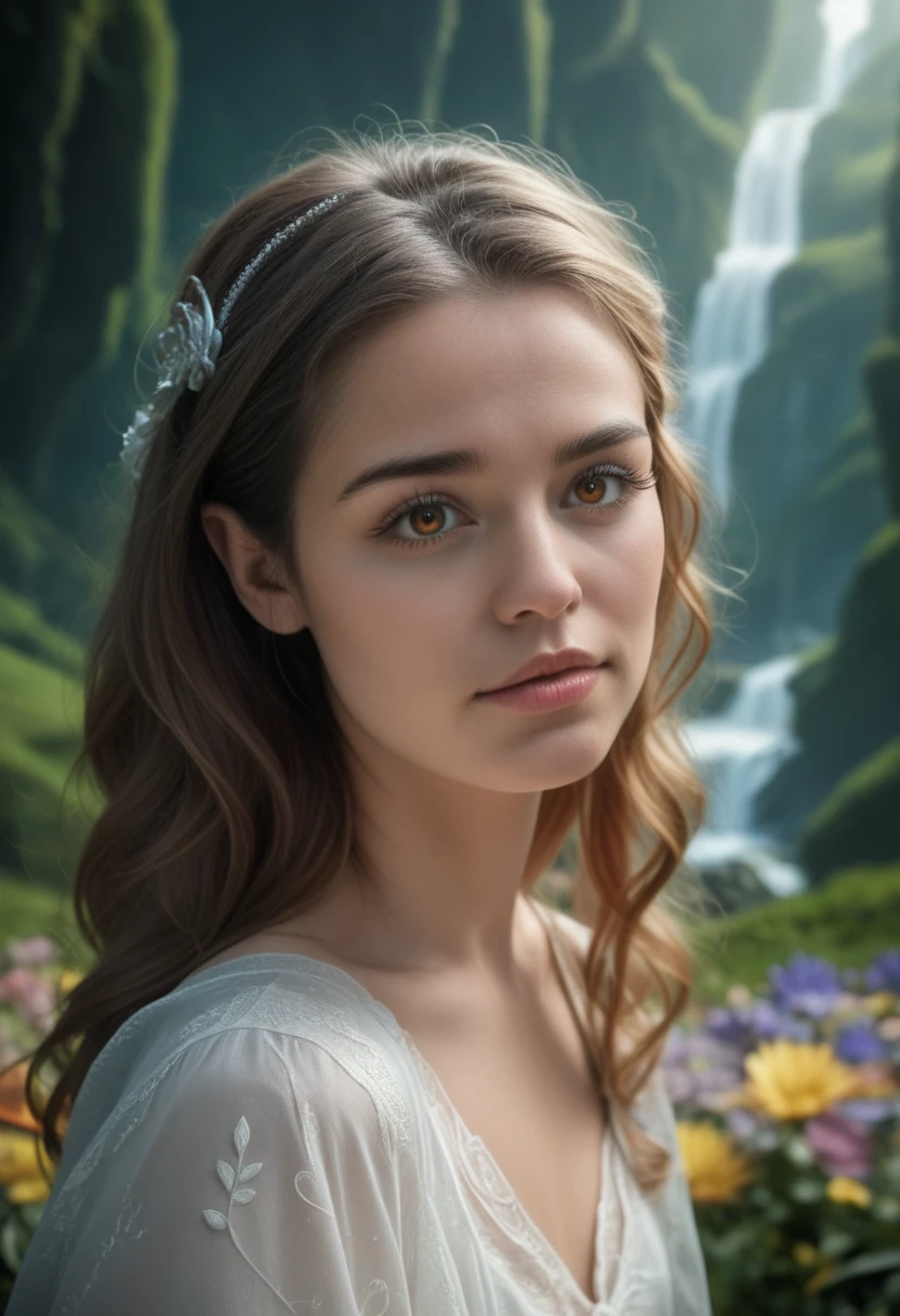 a cute anime girl, no clothes, beautiful detailed eyes, beautiful detailed lips, extremely detailed face and skin, long eyelashes, delicate facial features, body, graceful pose, intricate background, colorful fantasy landscape, glowing magical aura, vibrant colors, cinematic lighting, digital painting, artstation quality, masterpiece, (best quality,4k,8k,highres,masterpiece:1.2),ultra-detailed,(realistic,photorealistic,photo-realistic:1.37)