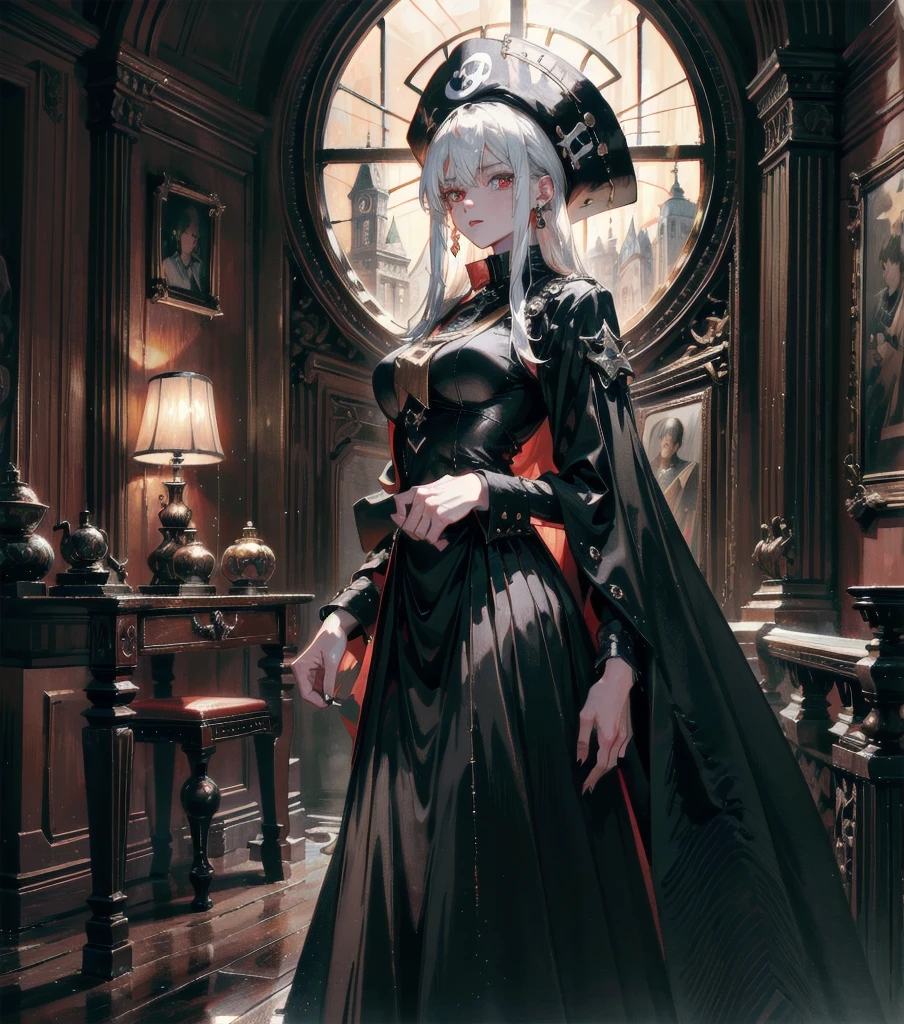 absurdres, RAW photo, extremely delicate and beautiful, masterpiece, Best Quality, ultra high resolution, 32k, hyperrealistic, ultra-detailed, Very detailed CG 8k wallpaper, detailed background, landscape, Beautiful Lighting, Perfect Lightning, Realistic Shadows, perfect anatomy, anatomically correct, perfect figure, Perfect Style, Perfect balance, super Detailed skin, in her 30s, very Slim body, narrow waist, very small head, very small face, delicate facial features, handsome detailed woman, very detailed eyes and face, realistic face proportions, Realistic beautiful face, Realistic beautiful eyes, tearful mole, earring, whole body shot, very huge round tits, medium hair, asymmetrical hair, indoor, Practical pirate clothing, Long-sleeved pirate top, Skirt, torn pirate hat, white hair, green eyes, blood, vampiric, red eyes, fangs, black cape, long fingernails, Pistol,