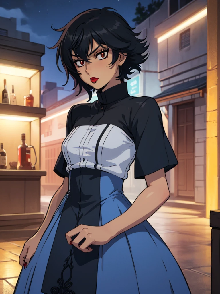 best quality, ultra-detailed, best illustration, masterpiece, high res (1girl:1.3), closed mouth, (16 years old), ((1girl)), ((((solo))), (((alone))), (((genderbend))), (((female))), wide hips, thick thighs, flat chest, narrow waist,  ((blue top)), ((skin tight blue cocktail dress)), cocktail, party, ((anime artstyle)), long eyelashes, ((long black hair)), (((at night))), (red lipstick), (black eyeshadow), (in the dark)