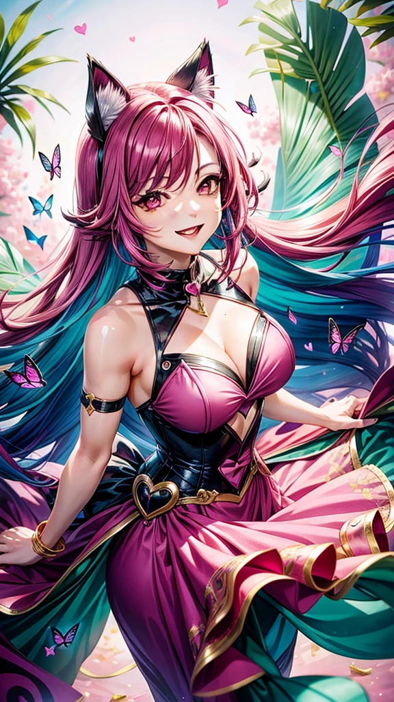 Magenta hair, older woman, cat ears, long hair, smiling face, sexy outfit, butterflies, floating hearts, tropical background, teal, pink, and gold dress clothes
