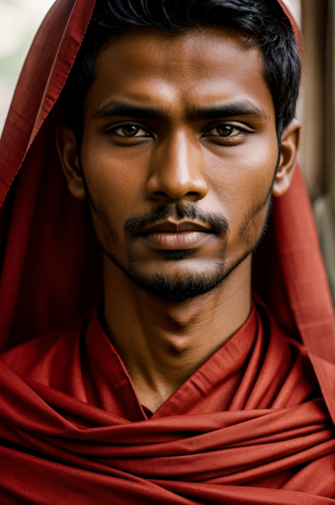 A bangladeshi guy eyes folded with red cloth