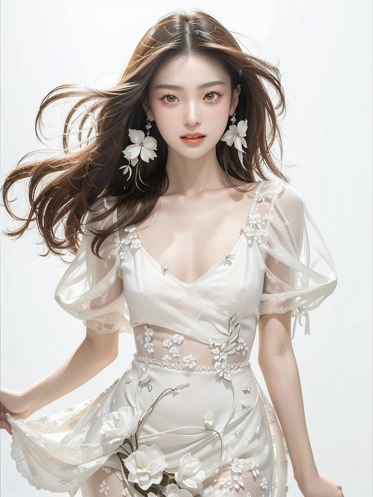 (((Very bright white background 1.5)))、(((High Key Portrait 2.0)))Professional Lighting、(((Professional Lighting 1.5)))、Translucent skin texture、Beautiful Skin、Beautiful Skin、、(((Whitening 1.5)))、、、音符のEcstasy、(((Pure white floral dress 1.5)))、Profile 1.4、See-through。No bra、Mid-shot photo、Simple Earrings、((tea hair))、((Mid-length hair))、Loose wavy hair、sex appeal、Sex Appeal、Ecstasy、(((Mid-shot photo1.5))、(((Dynamic pose 1.85)))、One woman、