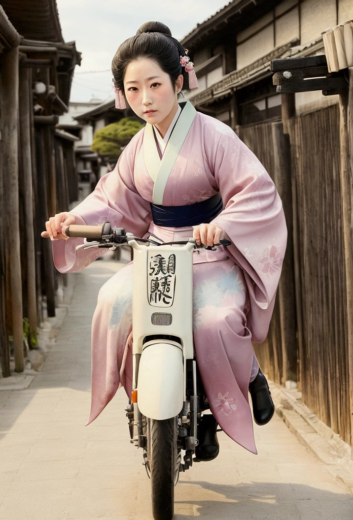 Edo period streetscape Post town Japanese woman riding a motorcycle Watercolor pale colour Faded Color Taisho Romance Highest quality kimono kimono