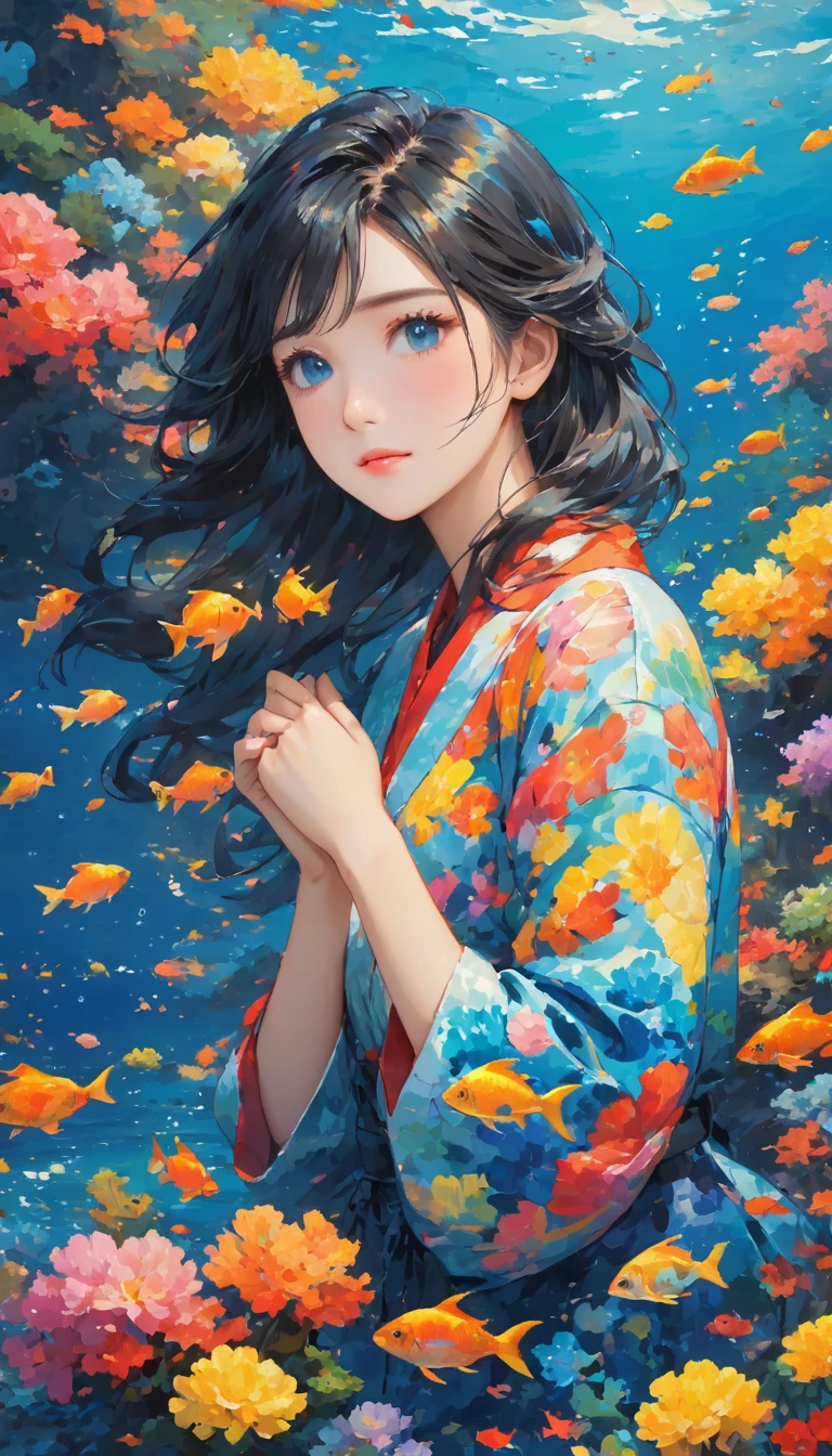 deep sea，Oil painting style，deep sea少女，deep sea里的船，Sad atmosphere，Schools of colorful fish