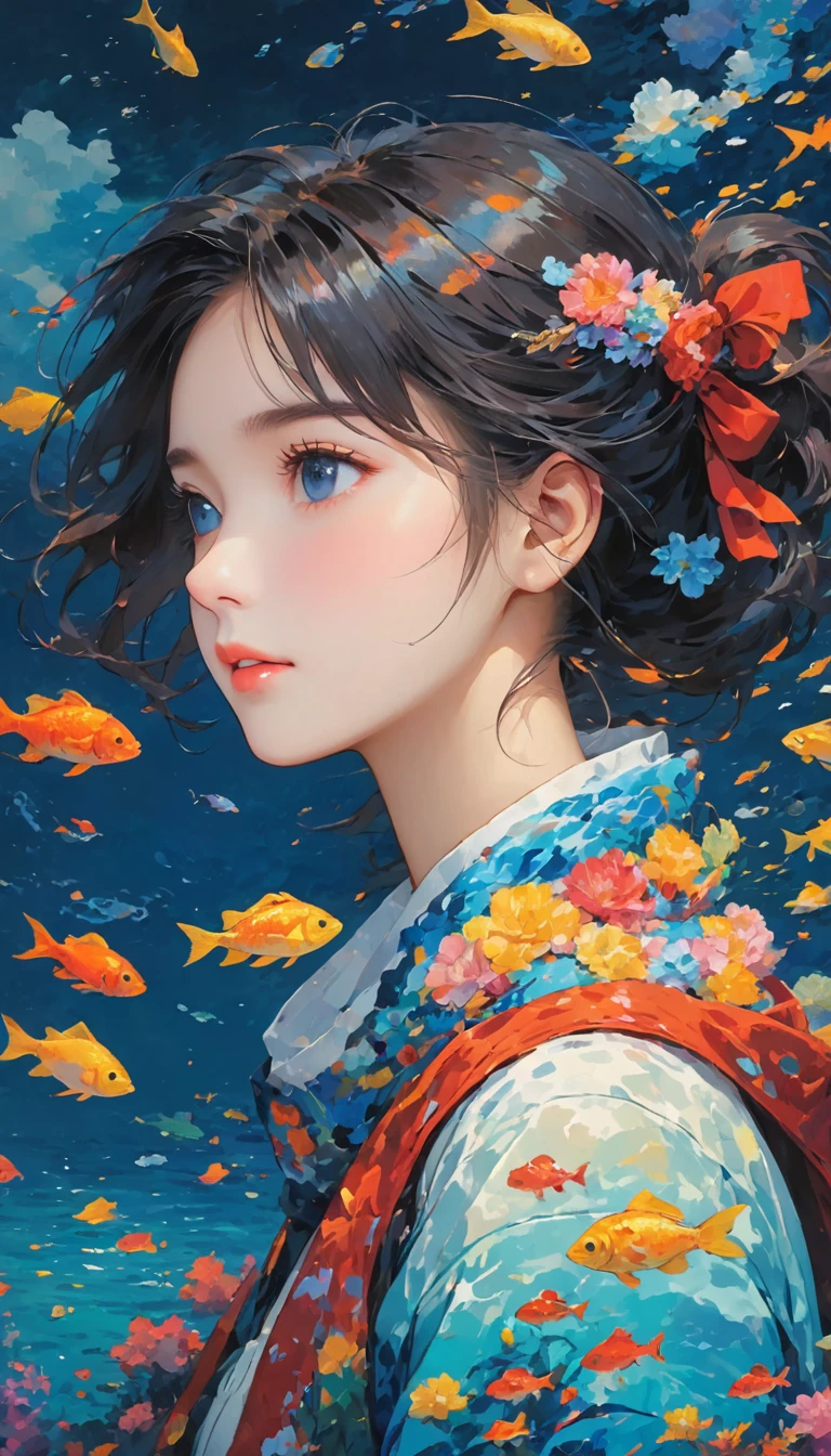 deep sea，Oil painting style，deep sea少女，deep sea里的船，Sad atmosphere，Schools of colorful fish