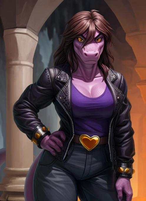 [susie], [participating rune], [Uploaded to E621.nieto; (pixel artist), (wamudraws), (work)], ((masterpiece)), ((High Definition)), ((high quality)), ((solo portrait)), ((Front view)), ((scales; The second)), ((detailed skin)), ((detailed shading)), ((beautiful rendering art)), ((intricate details)), {The second dinosaur; (athletic figure), purple scales, (reptile snout), pretty yellow eyes, (black pupils), (bags under the eyes), (Short eyelashes), (Long thick brown hair), lizard long tail, (beautiful hips), (muscular legs), (angry), (frown)}, {(black leather jacket), (management shirt), (neckline), (hot pink baggy pants), (black boots), (gold heart shaped belt buckle.), (pointed bangles)}, {(standing), (arms at the side), (looking at the viewer)}, [below; (dark purple cave), (cave), (remains), (Ambient lighting)(200 cm breasts), ]