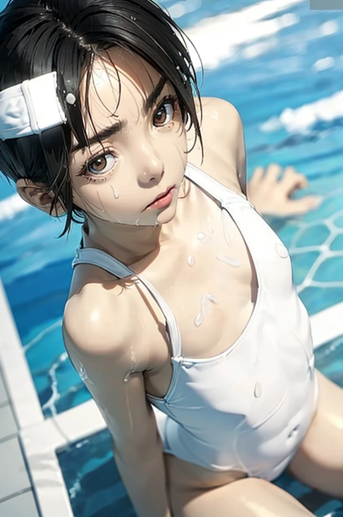 ((((Close-up angle from above)))), solo,(((Small breasts: 1.6))), ((((Embarrassing,))))((((Wearing a white swimsuit、))))((((Various poses、))))A sexy masterpiece with wet hair, Highest quality, Realistic, Ultra-detailed, (Glowing Skin, sweating: 1.4), View your viewers,((((very short hair with black hair)))))thin, Dynamic light and shadow, High resolution, Sharp focus, Depth of written boundary, Embarrassing, Sharp pupils, Realistic生徒, (Thigh Thickness: 1.0), Indoor swimming pool