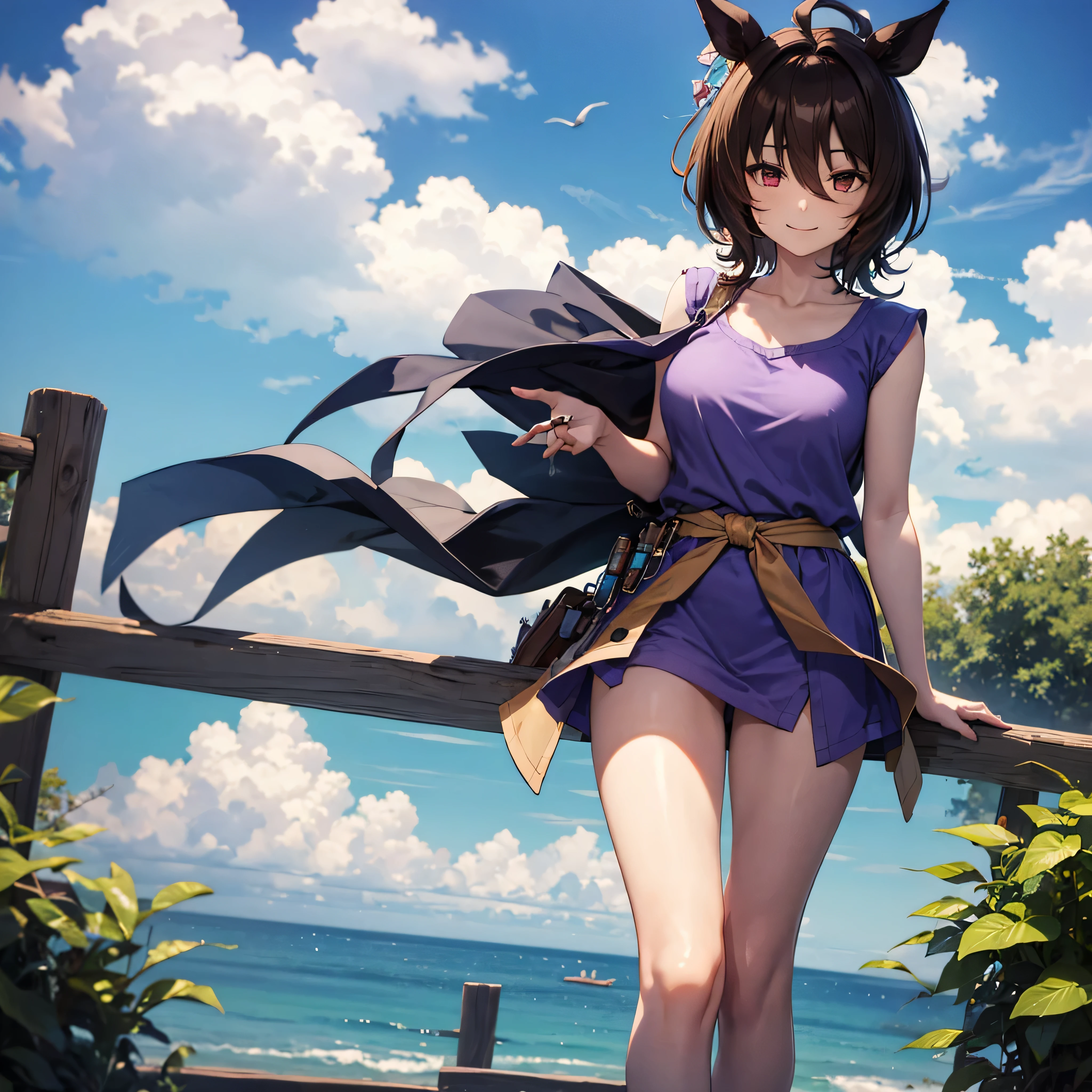 Agnes Tachyon, uma-musume, smile for viewer, skinny, arched back, BREAK, short hair, large breasts, narrow waist, short torso, (long skinny legs:1.2), tail, BREAK, (bottomless), thigh gap, purple shirts, collarbone, bared narrow shoulders, BREAK, blue sky, blowing wind, BREAK, {nsfw}