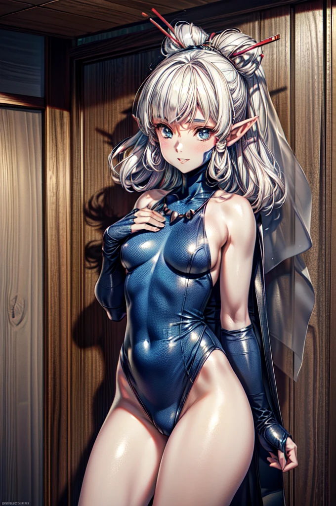 Paya, (masterpiece:1.1), (best quality:1.1), 1girl, Real light and shadow, anime face, 4k, 8k, wallpaper,epic, detail texture, Paya, elf ears, pointy ears, White hair, (blue eyes:1.5), ((((white hair:1.35, long hair)))),intricate eyes,beautiful detailed eyes, (symmetrical eyes,big eyes:1.5,(((lustrous skin:1.5,bright skin: 1.5,skin tanned,shiny skin,very shiny skin,shiny body,plastic glitter skin,exaggerated shiny skin,illuminated skin))),(detailed body,(detailed face)), cute, erotic,daring, jersey, number zero, basketball uniform, blue shorts, orange trim, shirt tucked in, from behind, tired, parted lips, looking at viewer, room, wooden wall, wooden floor, (Beautiful, small Breasts:1.2), natural breasts, best quality, masterpiece, very aesthetic, dress, jewelry, flower, wedding dress, veil, necklace, elbow gloves, smile, looking at viewer, (dynamic pose:1.0),happy,smile,(centered,scale to fit dimensions,Rule of thirds), highres,sharp focus,(ultra detailed,extremely detailed),(photorealistic artwork:1.37),(extremely detailed CG unity 8k wallpaper),(((vibrant colors,vibrant theme))),(intricate),(masterpiece),(best quality),
