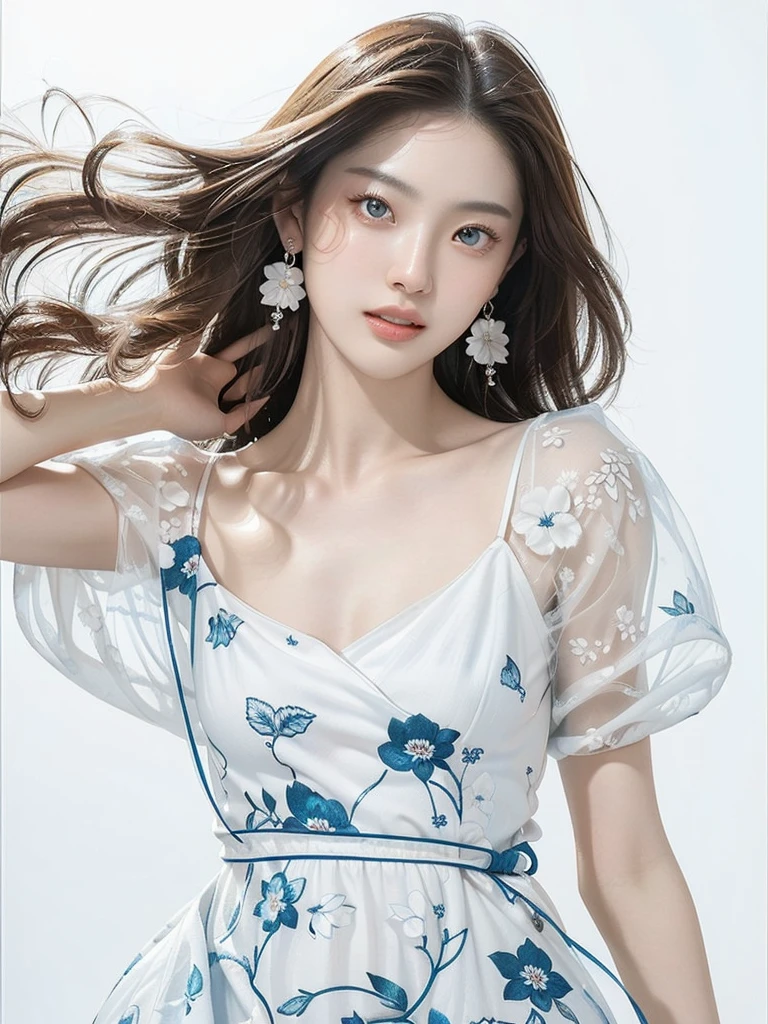 (((Very bright white background 1.5)))、(((High Key Portrait 2.0)))Professional Lighting、(((Professional Lighting 1.5)))、Translucent skin texture、Beautiful Skin、Beautiful Skin、、(((Whitening 1.5)))、、、音符のEcstasy、(((Light blue floral dress 1.5)))、Profile 1.4、See-through。No bra、Mid-shot photo、Simple Earrings、((tea hair))、((Mid-length hair))、Loose wavy hair、sex appeal、Sex Appeal、Ecstasy、(((Mid-shot photo1.5))、(((Dynamic pose 1.85)))、One woman、