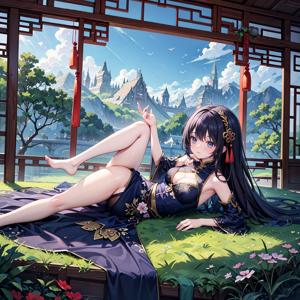 solo, 1 beautiful girl wearing chinese fantasy clothes, lying pose, stunning beautyful nature fantasy world background, panorama view