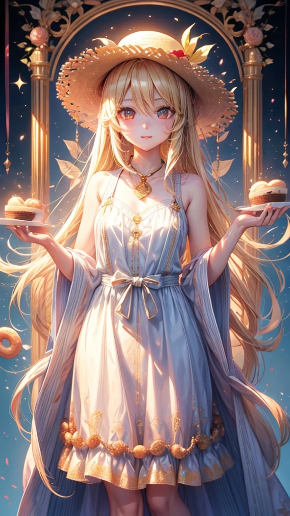 Blonde long straight hair、Donut shop、Golden Eyes、White sleeveless、Straw hat、A showcase displaying donuts、vampire、Young Girl、high resolution