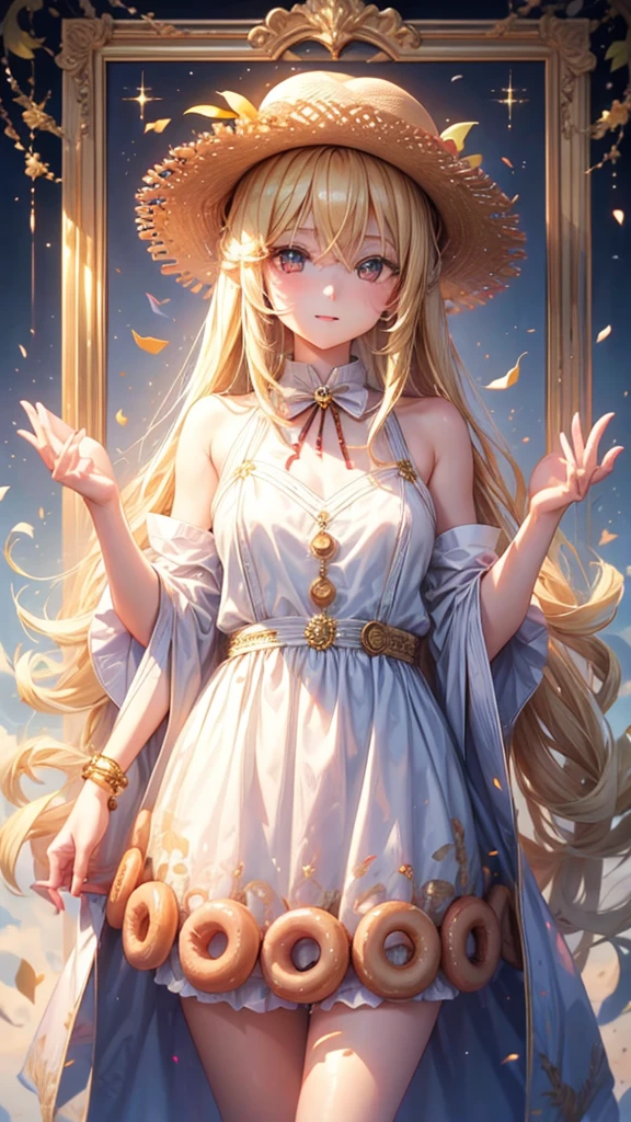 Blonde long straight hair、Donut shop、Golden Eyes、White sleeveless、Straw hat、A showcase displaying donuts、vampire、Young Girl、high resolution