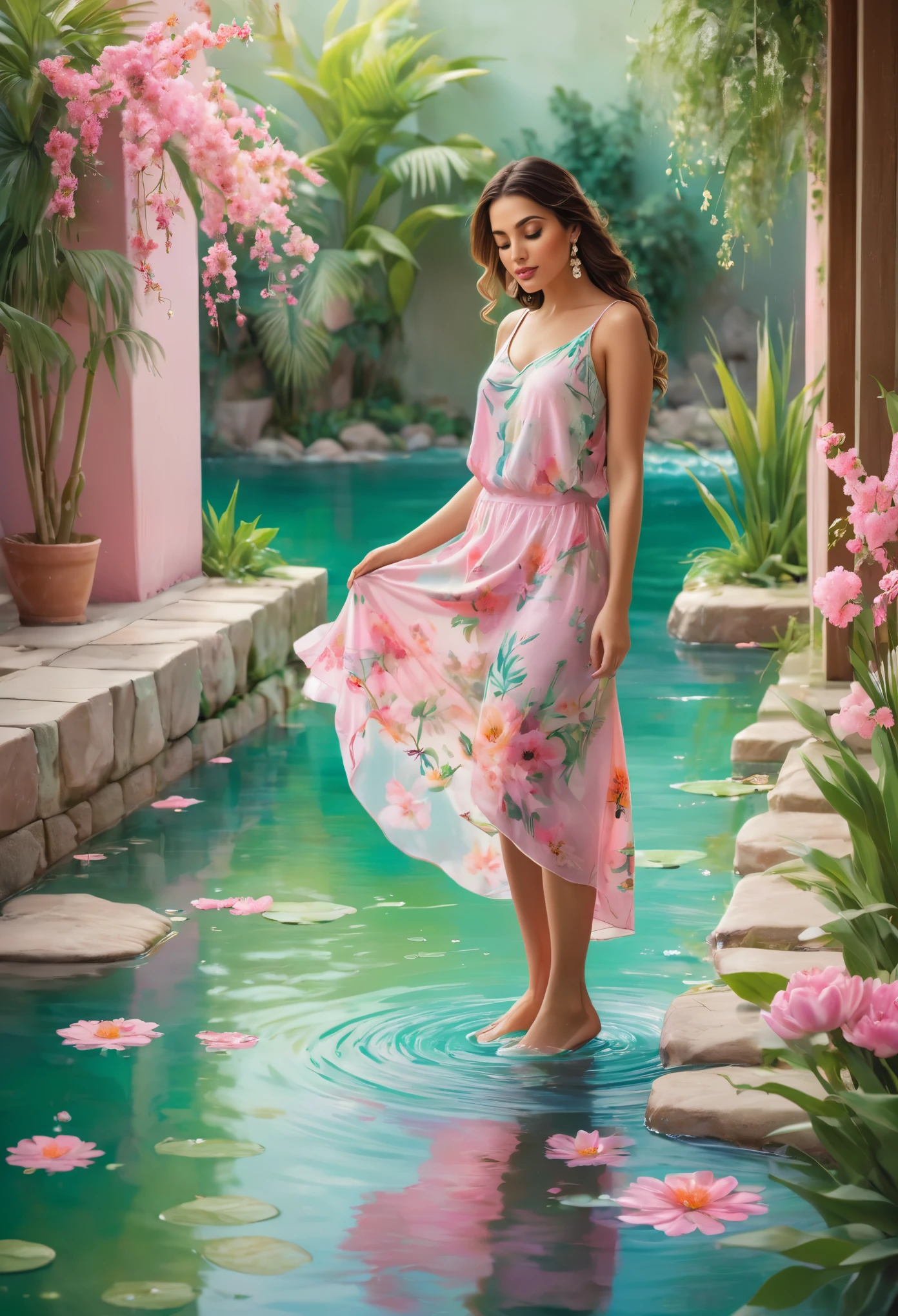 Detailed description of the visual element，The color palette is a mix of soft pastels and vibrant spring colors like green.，pink color，This combination evokes blooming flowers and fresh foliage.，Perfect for spring theme，High-quality images integrated into salon interiors，Peaceful environment，Mexican woman standing on the water，Water splashes on the floor of the girl，Some stones have flowers on them，exudes fragrance，Includes before and after photos of customers who received spring makeovers，To highlight the salon&#39;s services，Use elegant script fonts for titles to convey elegance，And use a modern sans serif font for body text，To ensure readability and modernity， Black Curly Hair，Wearing a bright red salwar suit，focus，Close Range，Watch，Close your eyes，Surround her with spring graphics，For example, flowers and butterflies，Symbolizes the changing seasons and the essence