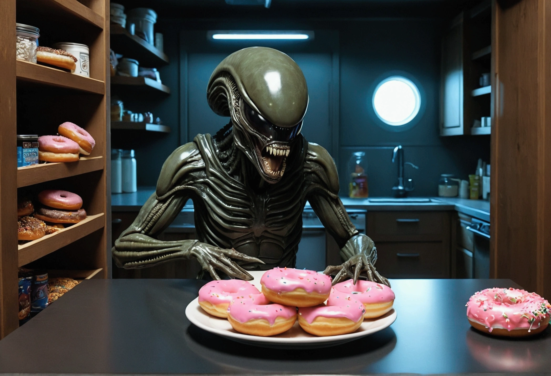 Aliens xenomorph has broken into the pantry, it is eating a donut, spaceship