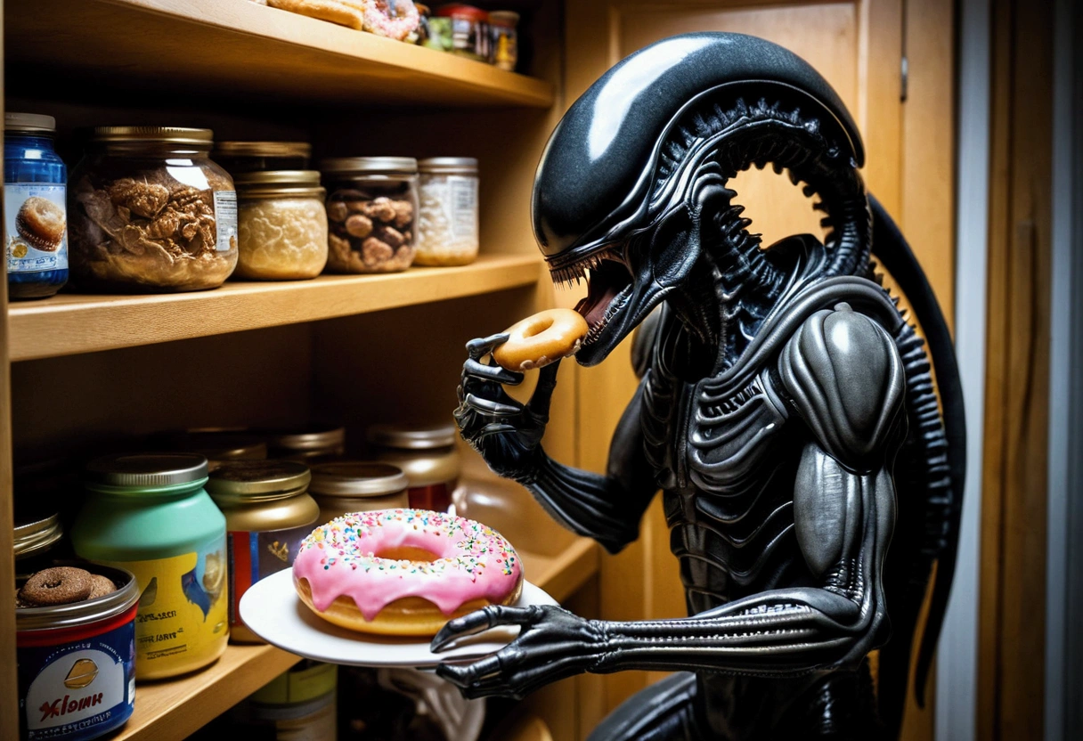 Aliens xenomorph has broken into the pantry, it is eating a donut, spaceship