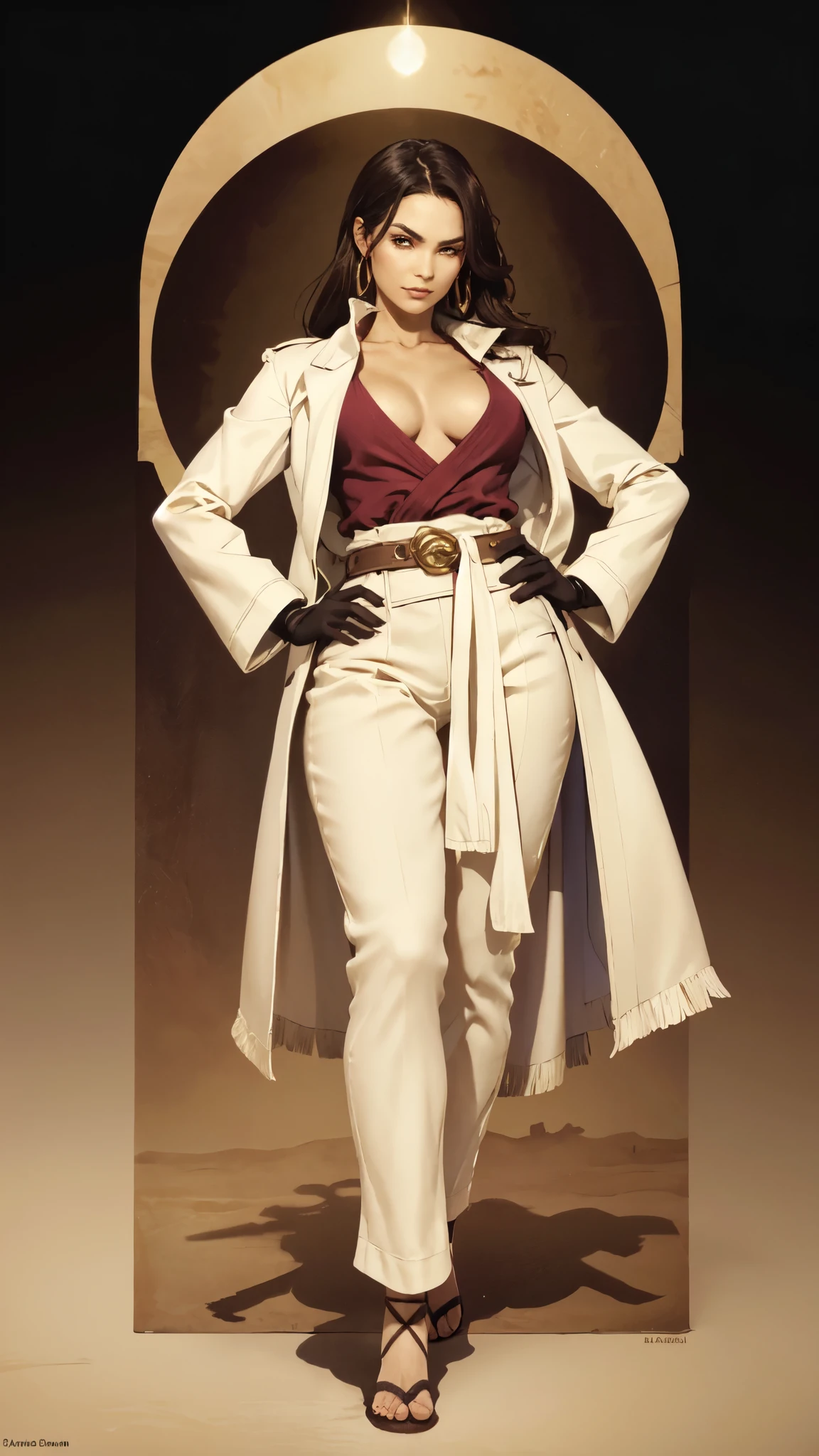 (masterpiece:1.2, best quality:1.2, extremely delicate:1.2), a women with slicked-back brown long hair, golden parted bangs, raised thick eyebrows, sharp eyes, a confident smile, tall and sturdy build, a fantasy martial arts style white open-chest silk coat with a long hem, a yellow shawl, long gloves, a leather belt, canvas trousers, standing in a sunny desert oasis, this character embodies a finely crafted fantasy martial arts style desert ruler in anime style, exquisite and mature manga art style, dramatic, high definition, highres, ultra-detailed, ultra-fine painting, professional, perfect body proportions, golden ratio, anatomically correct, symmetrical face, extremely detailed eyes and face, high quality eyes, creativity, RAW photo, UHD, 32k, Natural light, cinematic lighting, (masterpiece-anatomy-perfect:1.2)