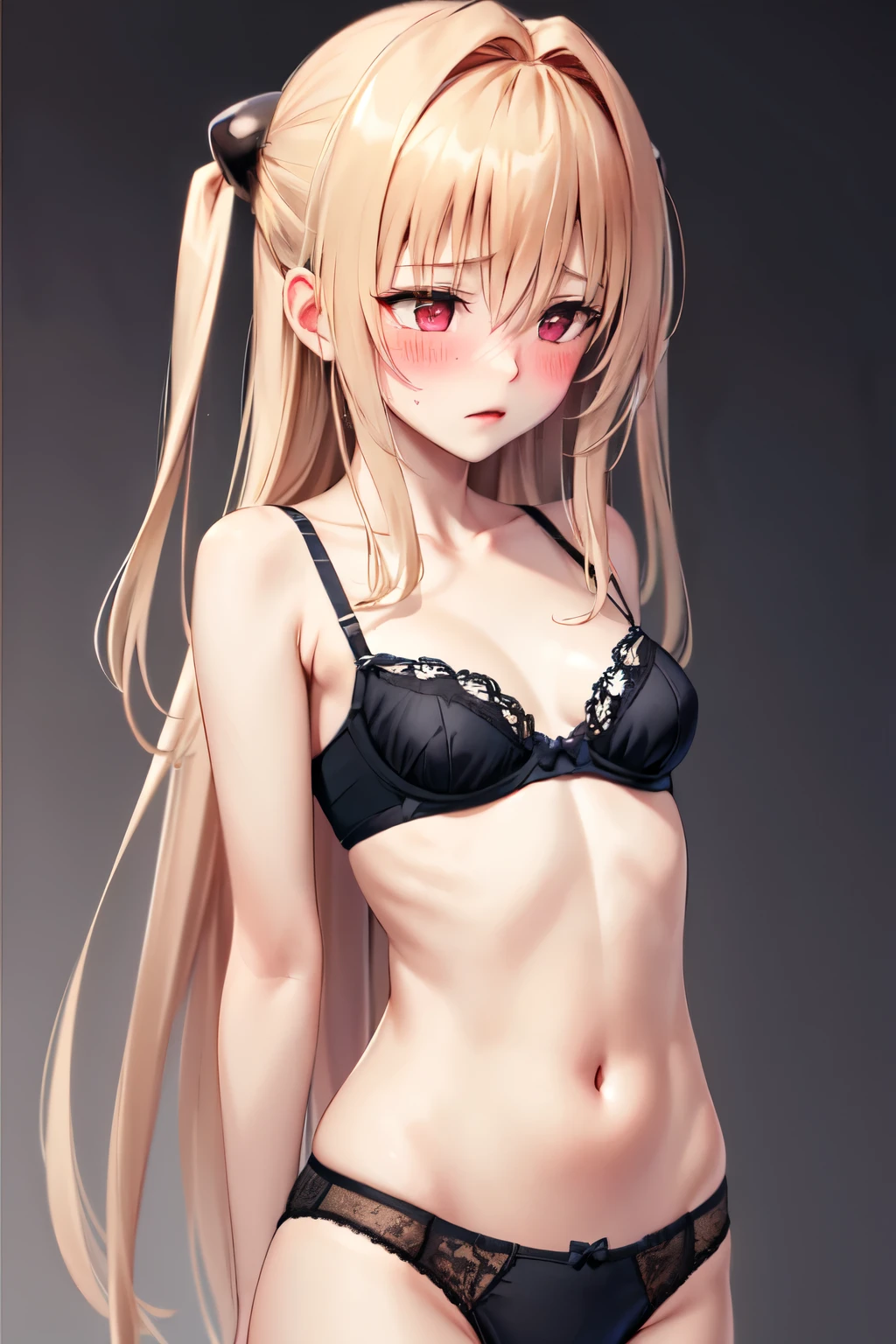  blush, emotional, long hair, underwear, bra, panties, shy, 