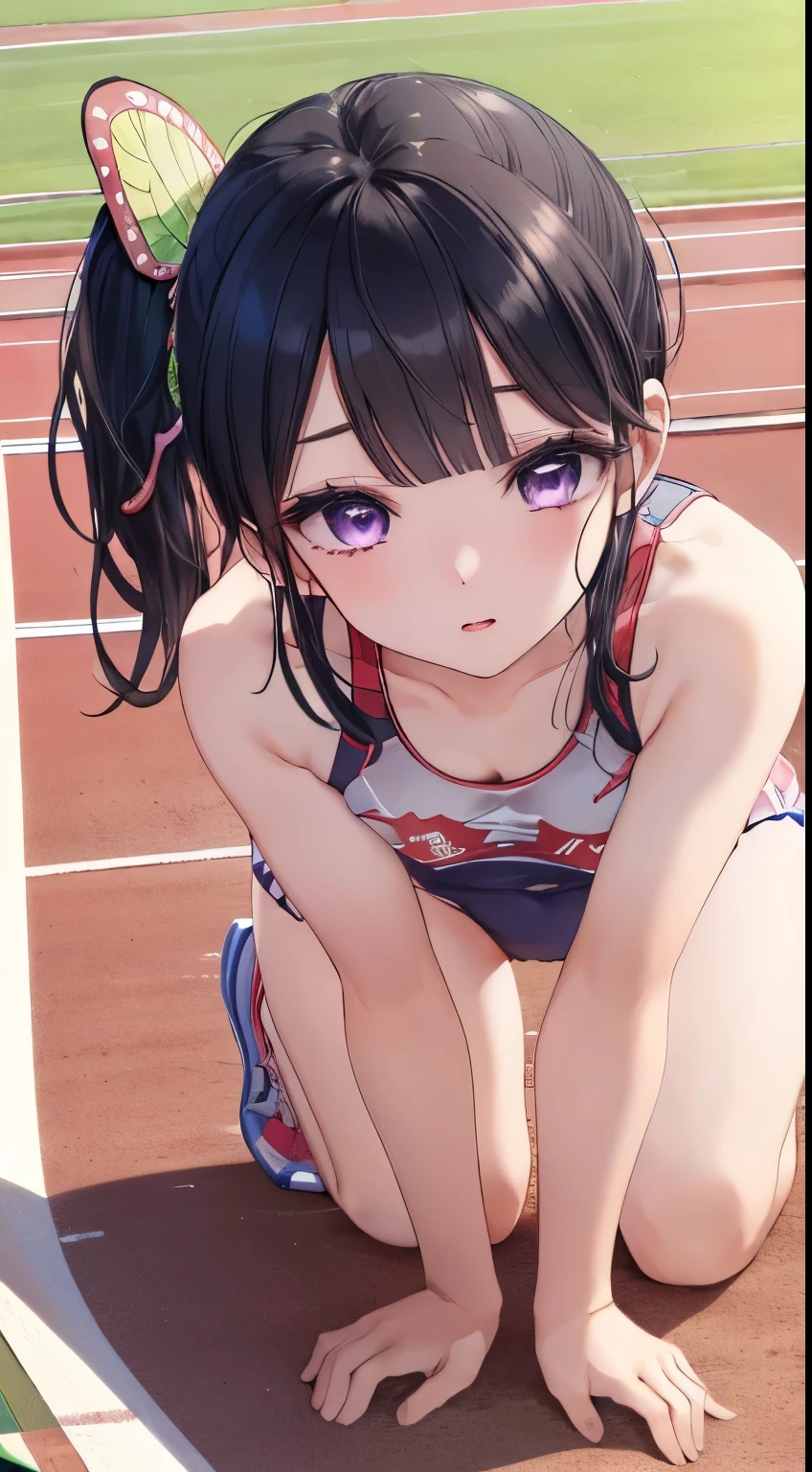 (((nsfw))), Highly detailed eyesと顔,Highly detailed eyes, Ultra-realistic 8K CG,masterpiece,((Highly detailed background,Delicate pattern,Intricate details, Detailed and beautiful eyes)),The best quality in the best condition,Very very very detailed face,((OlympicStadium)), ((((Top view, Crouch down)))), breast enhancement, (Sweatで濡れている, Nipple Contour), Cleavage, shy, Sweat, Waistline, Athletics, Cute ass, Olympic競技場, Japanese representative player, masterpiece, Highest quality, High resolution,walk short distance, Race, A large number of people, walk short distance, A strong start,
Kanadev, 1 girl, alone, Purple eyes, Black Hair, Long Hair, blunt bangs, bangs, hair ornaments, bug, butterfly, Side Ponytail, butterfly hair ornaments,
whole body, Stadium,Olympic, Looking at the camera, 1 girl, , software, High resolution,masterpiece,Highest quality, ,1 girl, , Hair Flowers, Cha-cha dance, Athleticsのユニフォーム,