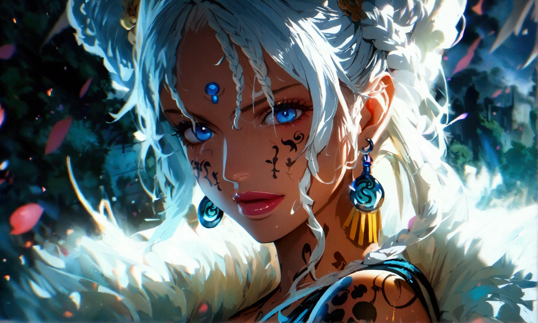 Black woman, white hair with braids, blue eyes, white clothes with blue details, number 3 tattoo,"Anime character design inspired by One Piece, full of dramatic and impressive lighting, focus on the centralized character, impressive face, full of creative details, ultra-fine 4K design, scenery bathed in creativity, boasting 2D anime resolution clarity, HD anime graphics, high-octane rendering"