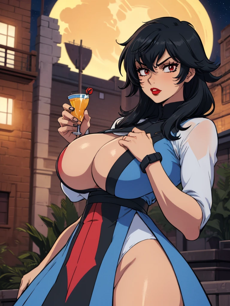 best quality, ultra-detailed, best illustration, masterpiece, high res (1girl:1.3), closed mouth, (), ((1girl)), ((((solo))), (((alone))), (((genderbend))), (((female))), wide hips, thick thighs, flat chest, narrow waist,  ((blue top)), ((skin tight blue cocktail dress)), cocktail, party, ((anime artstyle)), long eyelashes, ((long black hair)), (((at night))), (red lipstick), (black eyeshadow), (in the dark)