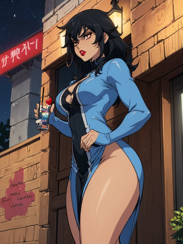 best quality, ultra-detailed, best illustration, masterpiece, high res (1girl:1.3), closed mouth, (16 years old), ((1girl)), ((((solo))), (((alone))), (((genderbend))), (((female))), wide hips, thick thighs, flat chest, narrow waist,  ((blue top)), ((skin tight blue cocktail dress)), cocktail, party, ((anime artstyle)), long eyelashes, ((long black hair)), (((at night))), (red lipstick), (black eyeshadow), (in the dark)