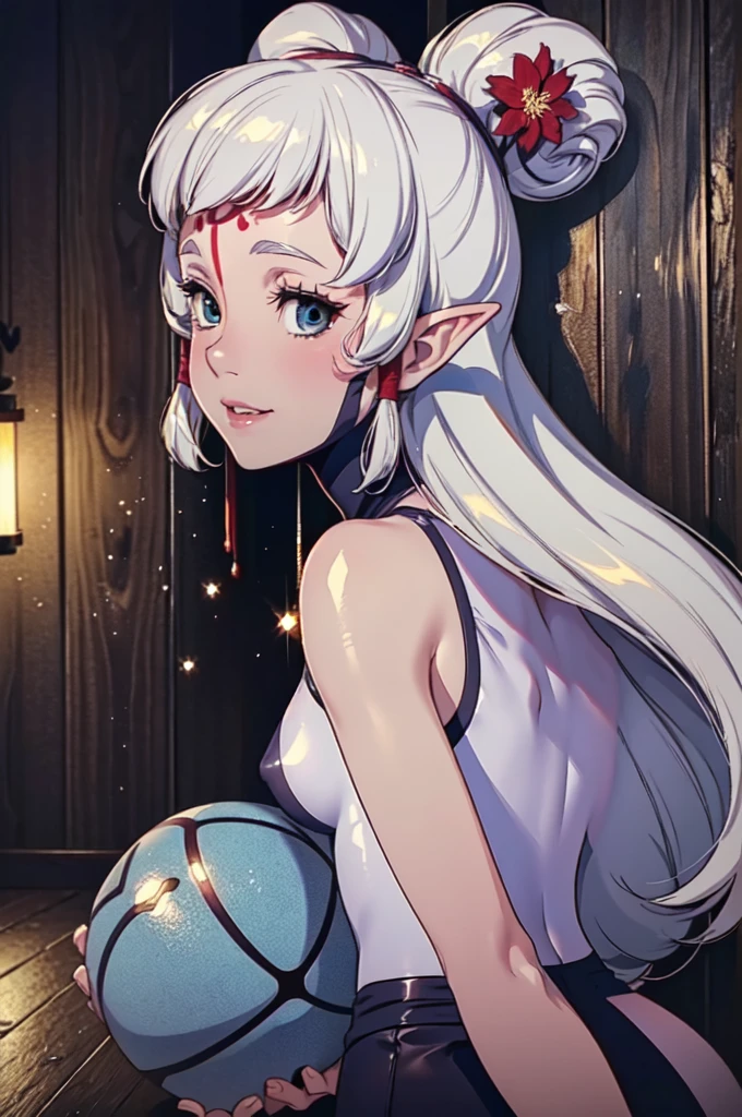 Paya, (masterpiece:1.1), (best quality:1.1), 1girl, Real light and shadow, anime face, 4k, 8k, wallpaper,epic, detail texture, Paya, elf ears, pointy ears, White hair, (blue eyes:1.5), ((((white hair:1.35, long hair)))),intricate eyes,beautiful detailed eyes, (symmetrical eyes,big eyes:1.5,(((lustrous skin:1.5,bright skin: 1.5,skin tanned,shiny skin,very shiny skin,shiny body,plastic glitter skin,exaggerated shiny skin,illuminated skin))),(detailed body,(detailed face)), cute, erotic,daring, jersey, number zero, basketball uniform, blue shorts, orange trim, shirt tucked in, from behind, tired, parted lips, looking at viewer, room, wooden wall, wooden floor, (Beautiful, small Breasts:1.2), natural breasts, best quality, masterpiece, very aesthetic, dress, jewelry, flower, wedding dress, veil, necklace, elbow gloves, smile, looking at viewer, (dynamic pose:1.0),happy,smile,(centered,scale to fit dimensions,Rule of thirds), highres,sharp focus,(ultra detailed,extremely detailed),(photorealistic artwork:1.37),(extremely detailed CG unity 8k wallpaper),(((vibrant colors,vibrant theme))),(intricate),(masterpiece),(best quality),
