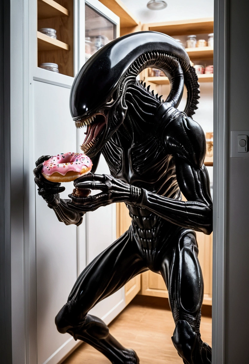 Aliens xenomorph has broken into the pantry, it is eating a donut, spaceship