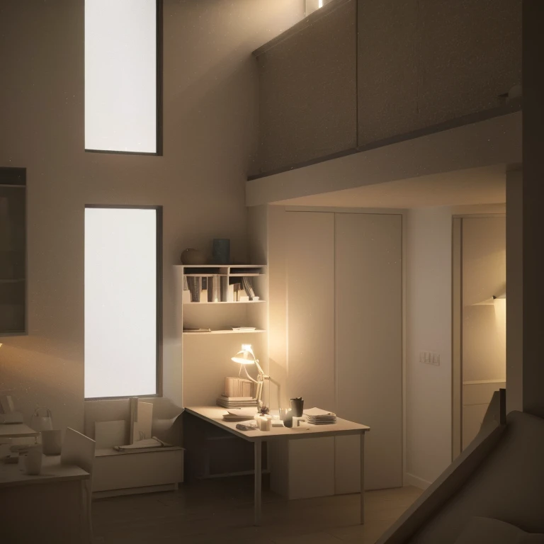 there is a small table with a lamp on it in a room, rendered lighting, 3 d render even lit, well lit 3 d render, night time render, dramatic lighting render, 3 d finalrender, 3d finalrender, ambient lighting highly detailed, rendered in 3 dsmax, photographic render, render in vray, volumetric interior lighting, atmospheric render. Style: Scandinavian
Structure: Two-story house with a loft above the living area.
Color Palette: Pastel colors with accent highlights.
Atmosphere: Vibrant and airy.