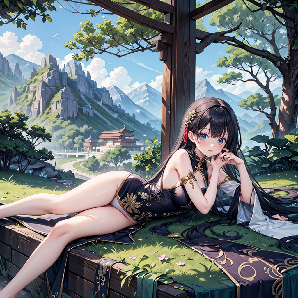 solo, 1 beautiful girl wearing chinese fantasy clothes, lying pose, stunning beautyful nature fantasy world background, panorama view
