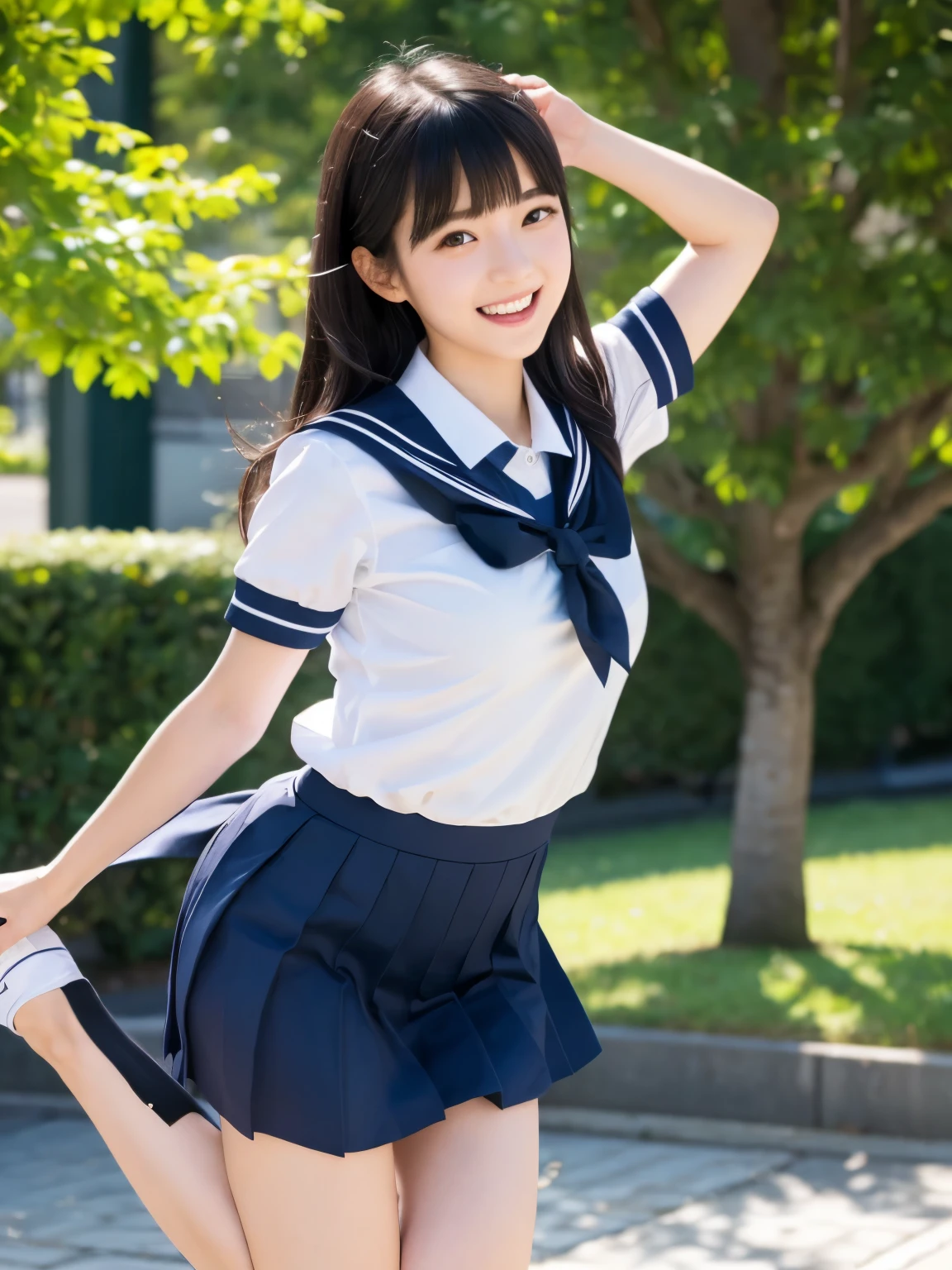(Highest quality,8K quality,masterpiece:1.3,),(Ultra-high resolution,Photorealistic:1.4,RAW Photos),(Ultra-detailed,Caustics,Perfect Anatomy),(Detailed face,Ultra-Realistic Capture,Beautiful and detailed skin),((Jump:1.5)),(On the embankment),Blue sky on background,18-year-old,cute,Japanese Ido,Black-haired,semi-long,single eyelid,Laughter,Looking into the camera,School Sailor Uniform,sunlight