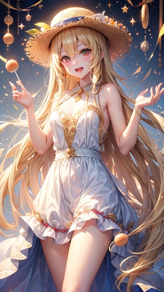 Blonde long straight hair、Donut shop、Golden Eyes、White sleeveless、Straw hat、vampire、 body type、Highest quality、Double teeth、cute