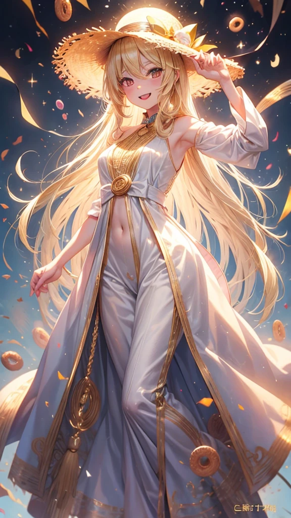 Blonde long straight hair、Donut shop、Golden Eyes、White sleeveless、Straw hat、vampire、 body type、Highest quality、Double teeth、cute