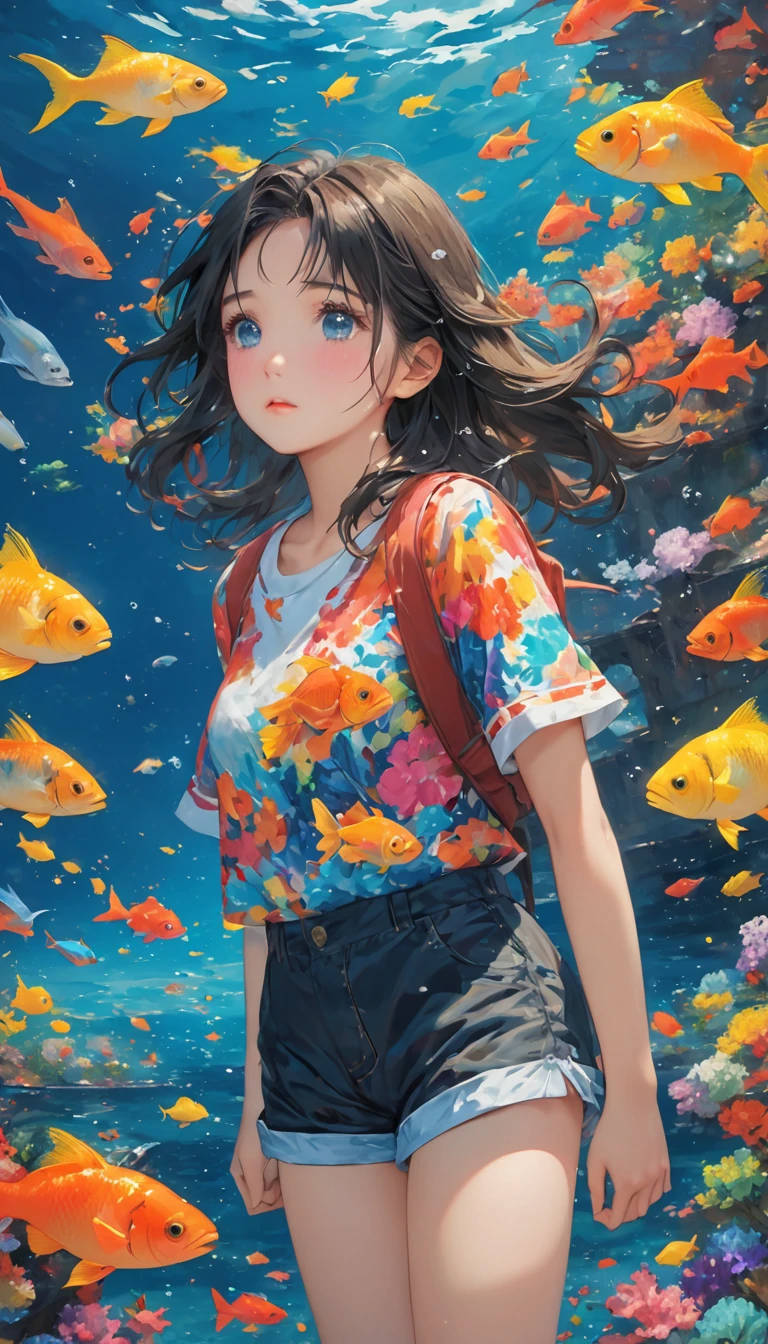 deep sea,Oil painting style,deep sea少女,deep sea里的船,Sad expression,Tears,Schools of colorful fish,Short sleeve shorts