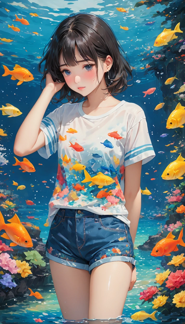 deep sea,Oil painting style,deep sea少女,deep sea里的船,Sad expression,Tears,Schools of colorful fish,Short sleeve shorts