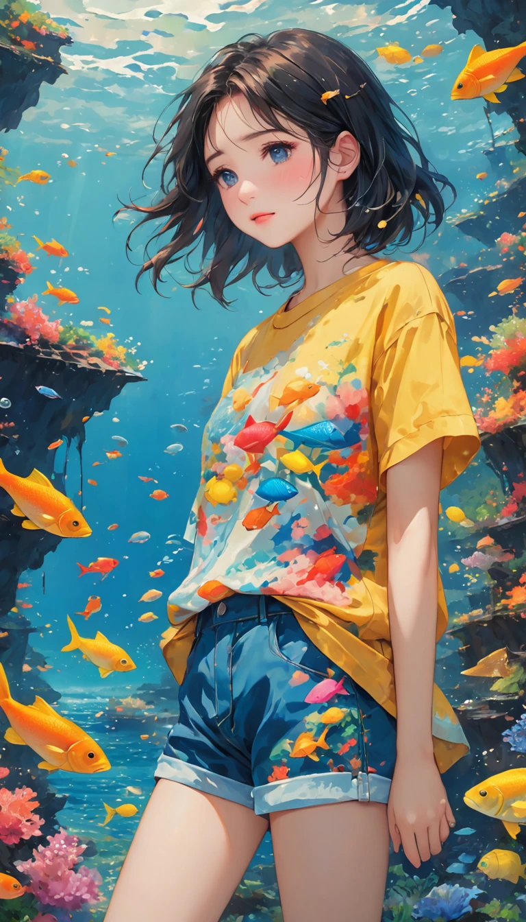 deep sea,Oil painting style,deep sea少女,deep sea里的船,Sad expression,Tears,Schools of colorful fish,Short sleeve shorts