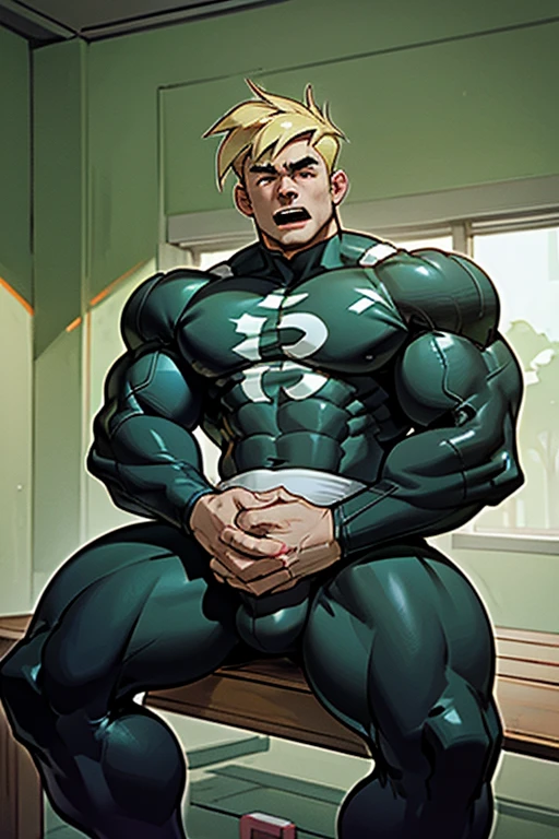 Danny Fenton in a locker room sitting on a wooden bench with football jocks and listening to hypnotic MP.3 player playing subliminals through earbuds in his ears as he is assimilated into their team. Turning into stereotypical football jock just like Dash Baxter. Black hair with blonde highlights. hyper muscles. Big biceps. Big triceps. Big traps. big lats. big deltoids. Big meaty pecs. Swollen crotch bulge. Tenting crotch. Open mouth. Sneer. Cocky smirk. IQ drain. Dumber and dumber. big dumb jock. Jock assimilation. Hypnosis. Hypnotic trance. Brainwashing. Brainwashed. Hypnotized. Entranced. Jock assimilation. Jock conversion. Meathead. Musclehead. Brute. Bro. "Bigger muscles, bigger meat. Our shrinking brains just can't compete. Bigger, dumber, that's our fate. Big dumb jock bros assimilate. Welcome to the team, bro. Huhuhuh.... Let's go beat up some nerds." Sneering. Smirking. Cocky. Football uniform. Cleats. Shoulder pads. Jockstrap. Coach smiles approvingly and lays a hand on Danny's shoulder pad.