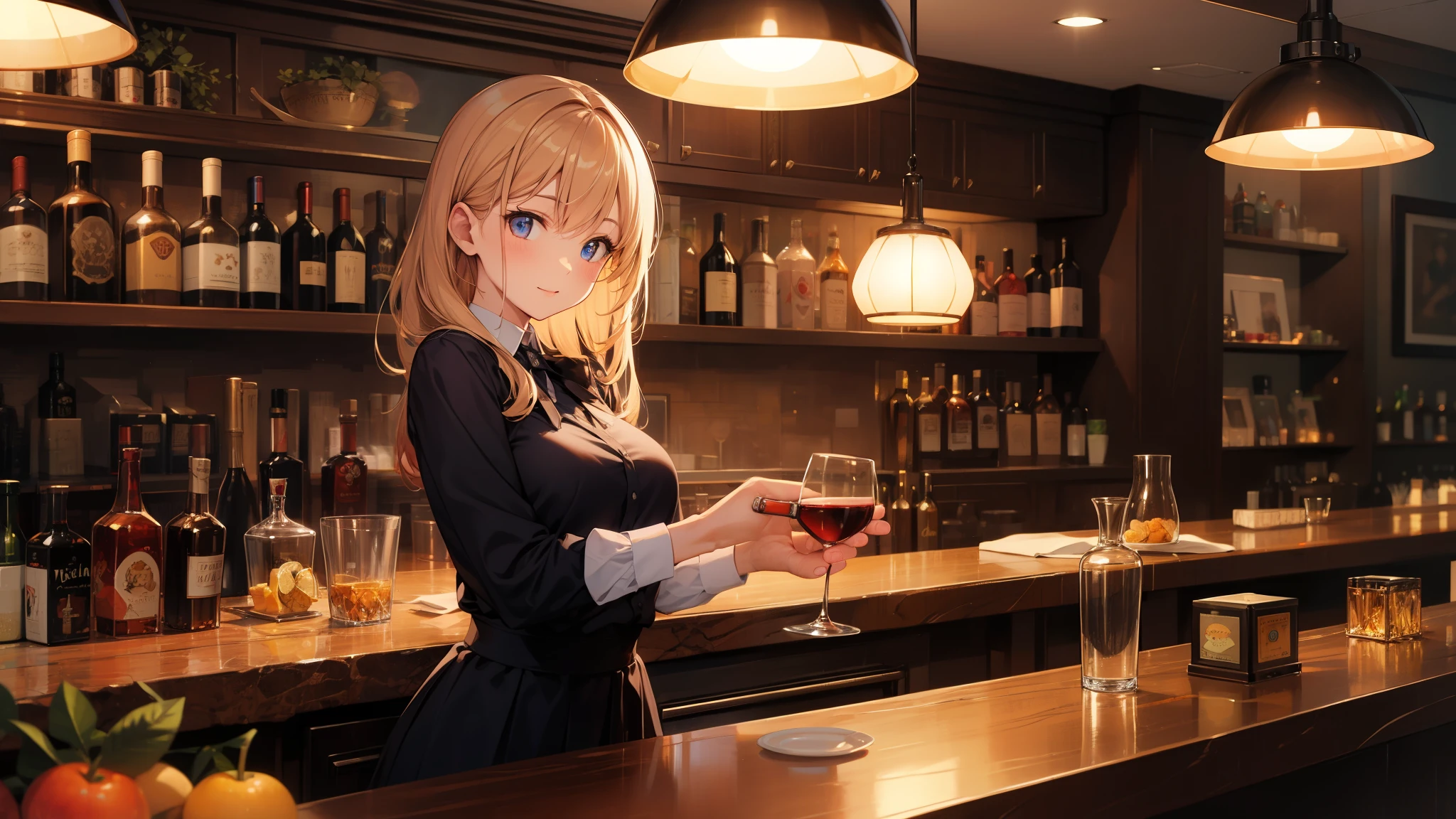 masterpiece, best quality, high quality, detailed, ultra detailed, hyper detailed, insanely detailed, exquisite, beautiful, FHD, Full-HD, 4K, 8K, 16K, highres, absurdres,bar,jazz,bartender,wine,1girl,wide shot,retreating figure